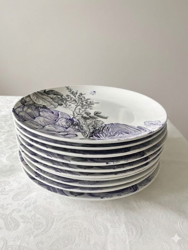 Set van 10 Geneviève Lethu dinerborden uit de Le Potager serie met lila en blauwe artisjok print.