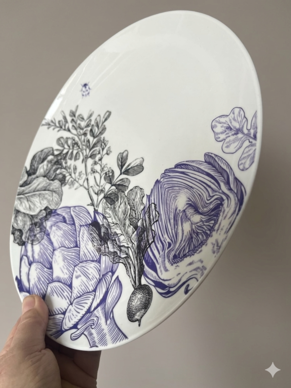 Detail van de lichte gebruikssporen (meskrasjes) op het porselein van de Geneviève Lethu Le Potager borden.