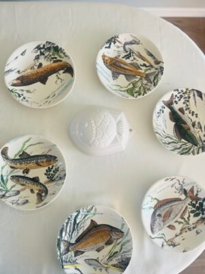 Set van zes half-diepe Gien Chambord Poissons visborden met gedetailleerde vis-illustraties.