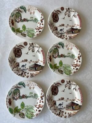 set van 6 zeldzame Gien Cacao gebaksbordjes met exotisch flamingo- en cacaodecor."