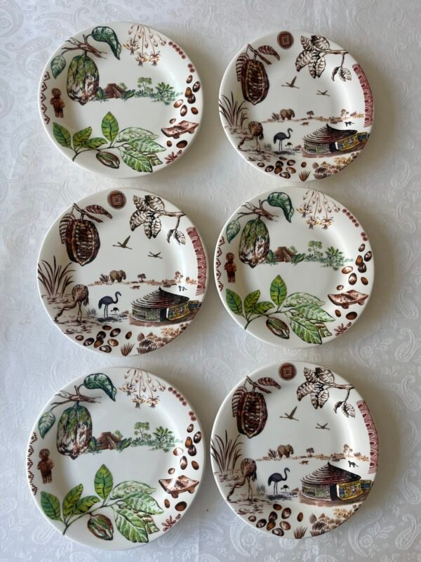 set van 6 zeldzame Gien Cacao gebaksbordjes met exotisch flamingo- en cacaodecor."