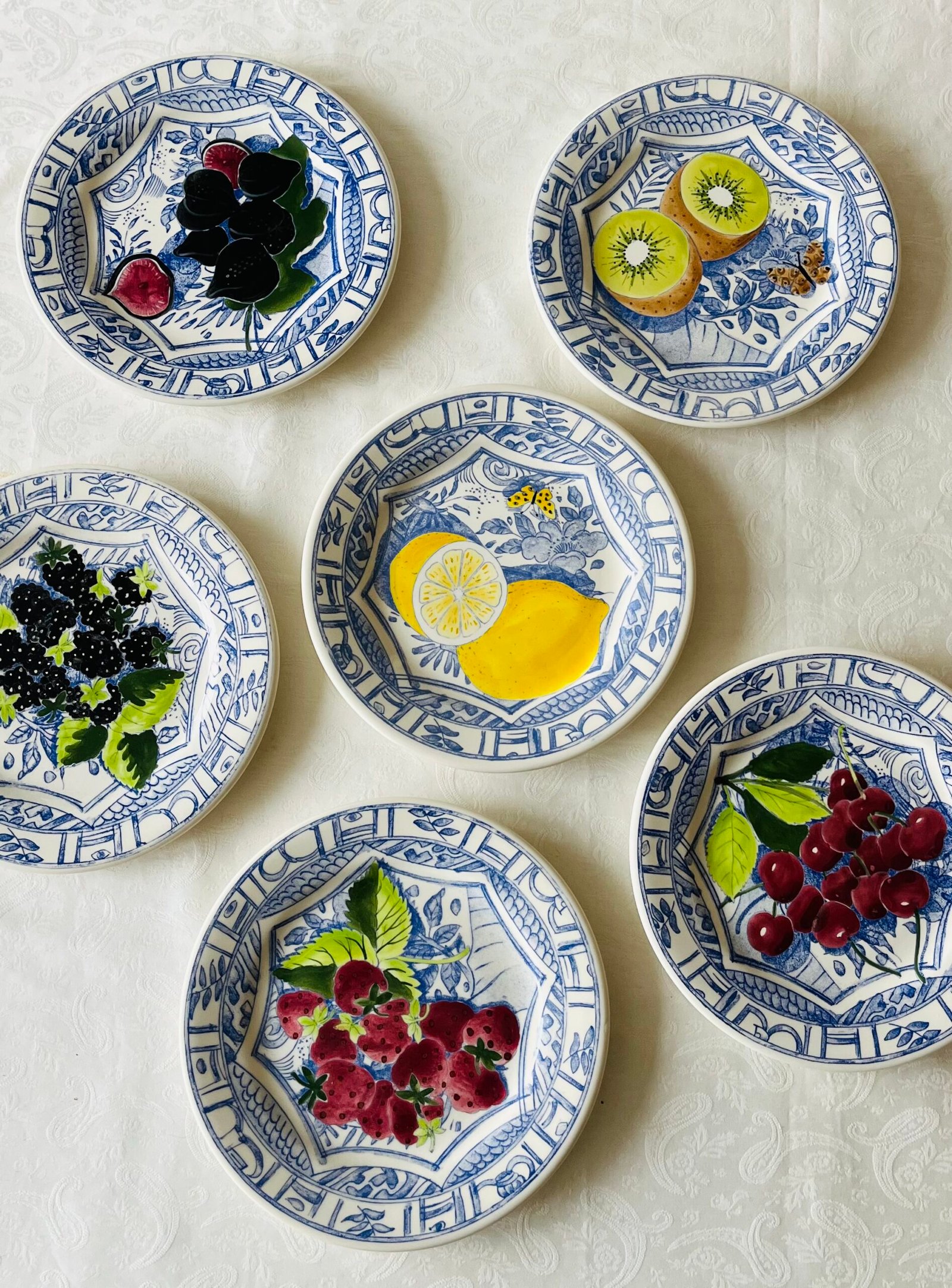 Gien Oiseau Bleu Fruits set van 6 ontbijtborden / dessertborden