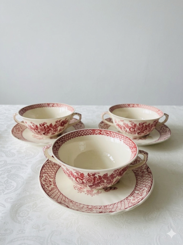 Mason's Strattford Pink set van 3 soepkoppen met schotel