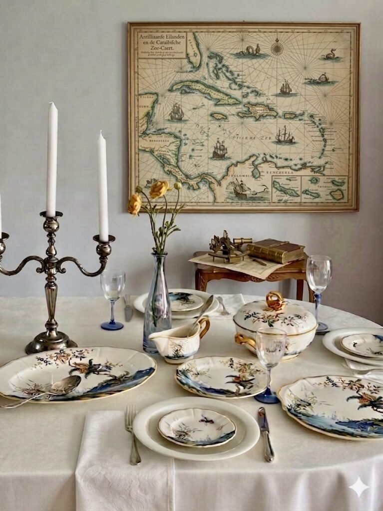 Sfeervol gedekte tafel met het Gien Magellan servies en een historische landkaart van de Caraïben aan de muur.