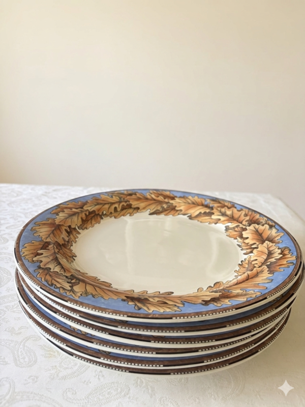 Set van 6 vintage Gien Feuilles de Chene dinerborden glanzend Frans faïence servies