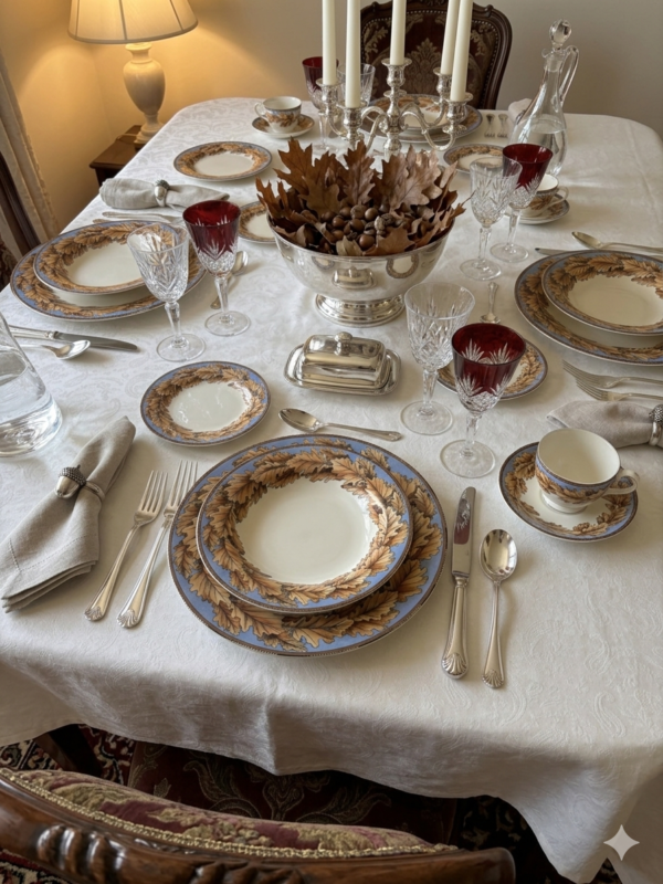 Luxe tafelstyling in vintage chic stijl met Gien France Feuilles de Chene servies en kristallen glazen