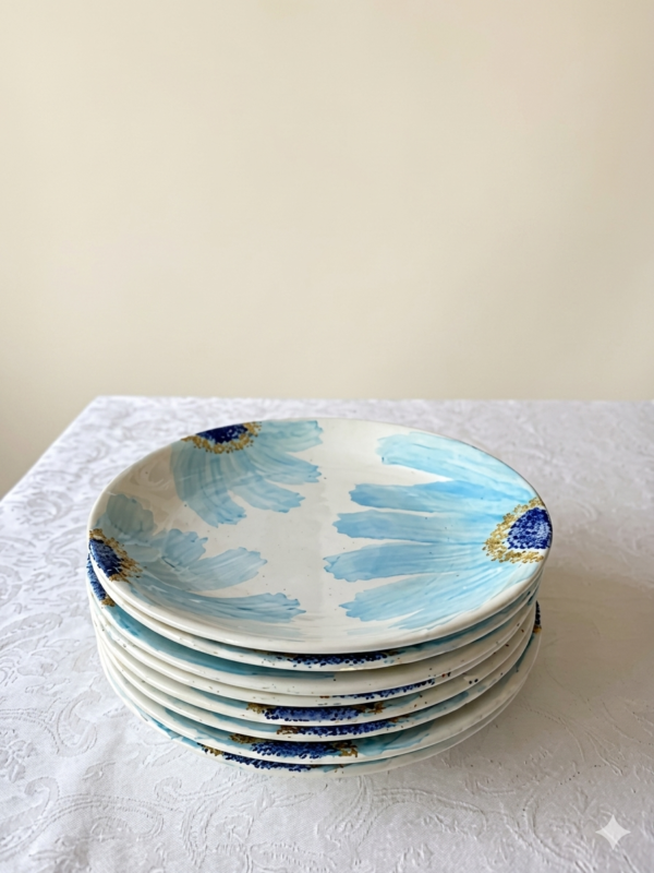 Stapel van 8 blauwe Gien Marguerite ontbijtborden op een wit tafelkleed.